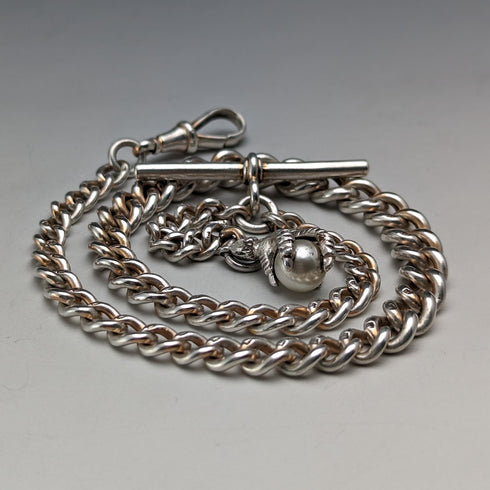 Circa 1910 British Antique Sterling Silver Albert Chain 44g Claw & Bowl Fob